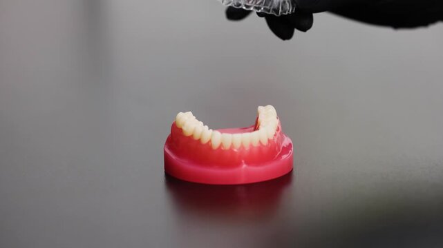 Clear dental aligner placement on upper jaw model in dentist hands