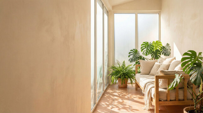 Bright sunroom interior with daybed and indoor plants.