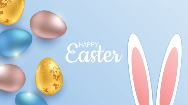 Colorful easter eggs and bunny ears with happy easter text on a blue background