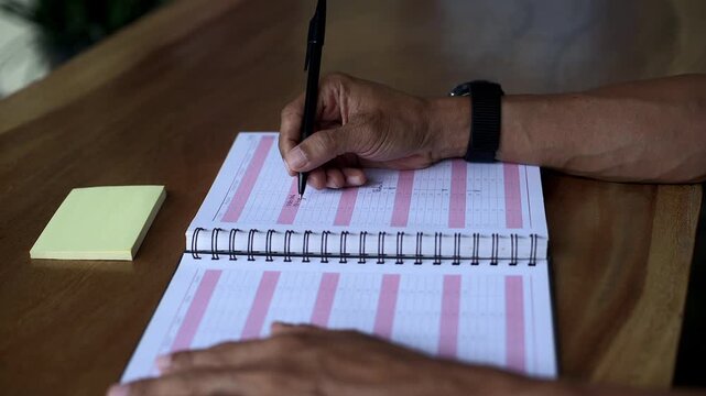 Asian male hand writing on color table book