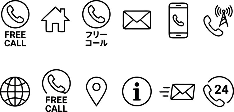 Comprehensive collection of contact icons featuring free call service communication symbols and customer support interface elements
