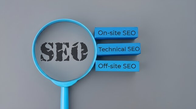 Search Engine Optimization Concept with Magnifying Glass and Blue Blocks