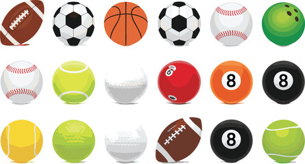Fototapeta premium Sports Balls Collection Set with Soccer Basketball Baseball Tennis Bowling Billiard and American Football Vector Illustration for Game Equipment and Recreation Design
