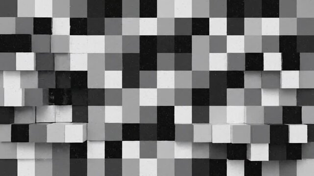 Abstract looping mosaic censor animation black white gray pixel blocks subtle flicker dynamic rearrangement smooth transitions seamless loop digital noise style minimal geometric composition modern gl