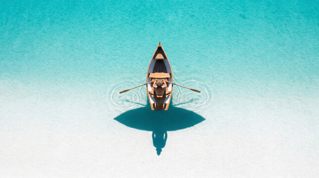 Aerial view small boat on transparent turquoise ocean water sandy bottom