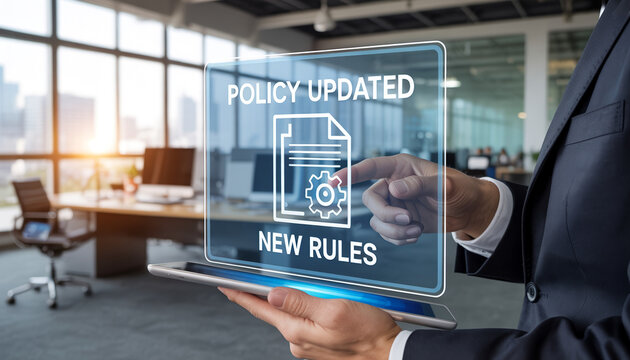 Man holding tablet displaying policy updated and new rules.