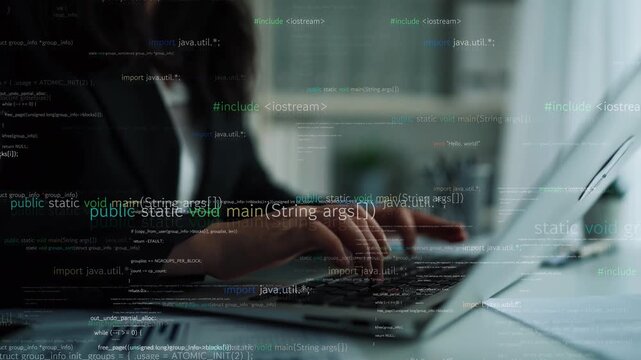 A close-up of a programmer hands typing on a laptop, surrounded by colorful code snippets that create a high-tech and innovative atmosphere in a digital workspace. Xenic