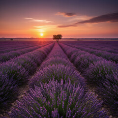 Obraz premium Beautiful sunset over a field of lavender flowers with purple rows stretching to the horizon