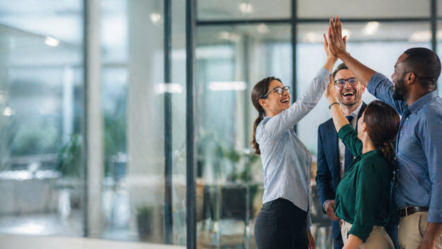 Diverse business team high five celebrating success