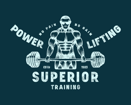 Emblem with powerlifter silhouette. Gym, workout, bodybuilding and athletic  theme. Graphic design with rough texture for t-shirt. Blue print on dark background