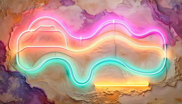 Vibrant neon sign shaped like a roller coaster track with pink orange and teal lights against textured background