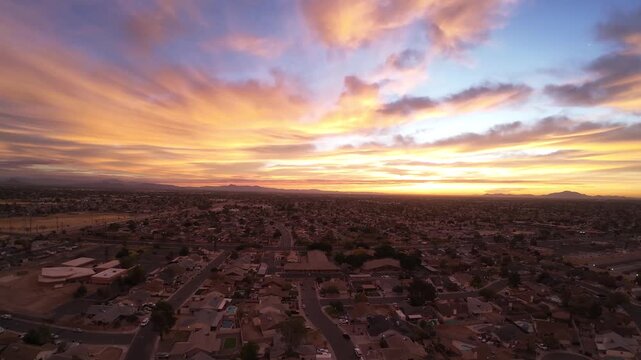 Sunset Aerial View Over Suburban Neighborhood