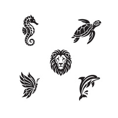 Fototapeta premium Set of Seahorse, Sea Turtle, Butterfly, Lion Head, and Dolphin Vector Icons for Logo and Tattoo DesignGeometric and Tribal Black Animal Silhouette Icons Collection, 5 Designs