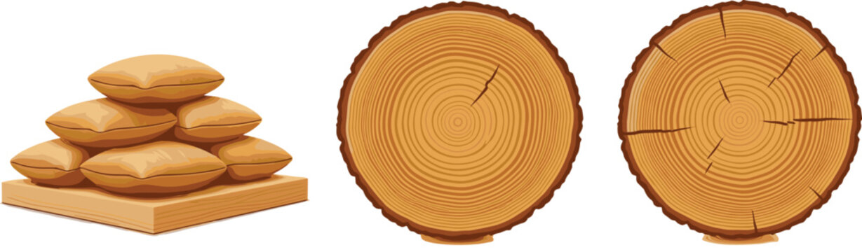 Wood Log Cross Section and Timber Stack Set with Tree Rings Texture Vector Illustration for Forestry, Lumber Industry, Nature Design and Wooden Material Concepts