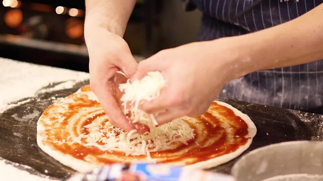 Chef spreading grated mozzarella cheese on pizza dough with tomato sauce in professional kitchen.