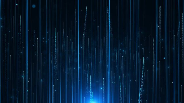 Blue digital rain background with vertical glowing particles, dark tech space, and falling light streams. Perfect for AI videos, cyber intros, data screens, software promos, and overlays.