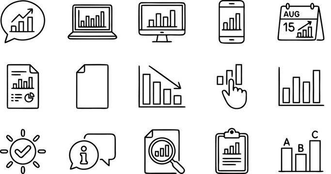 Comprehensive collection of linear icons representing data analysis business reporting financial charts and corporate performance tracking tools