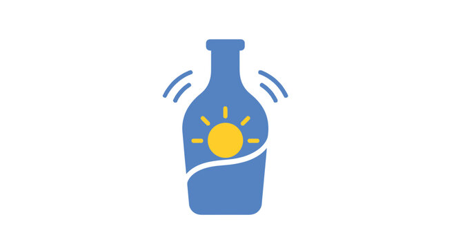 Blue Sunscreen Bottle with Sun and Vibration Waves Icon for Enhanced Skin Protection on Isolated White Background