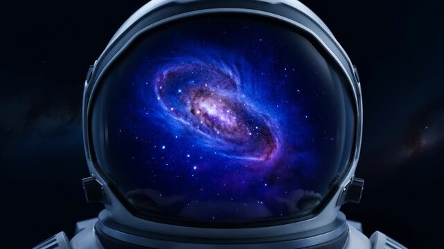 Astronaut helmet reflects a distant and stars in deep space