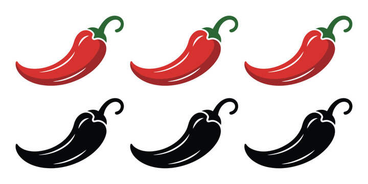 Hot chili pepper icons in red and black silhouette styles for spicy food branding.