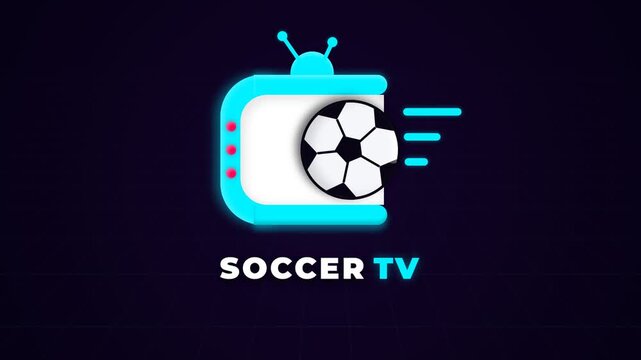 Soccer TV Logo Animation with Football Icon and Neon Television Screen for Sports Broadcasting Intro
