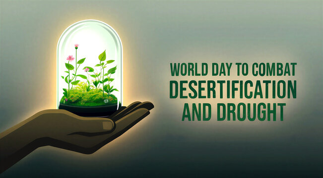 World day to combat desertification and drought concept with hand holding a terrarium ecosystem