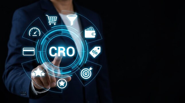 CRO, Conversion Rate Optimization, Digital Marketing, Business Strategy, Sales Funnel, E-commerce, Marketing Analytics. Businessman touching futuristic interface to increase sales growth.