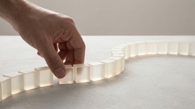Hand reaching towards a white block symbolizing consistency in execution flow and structured processes