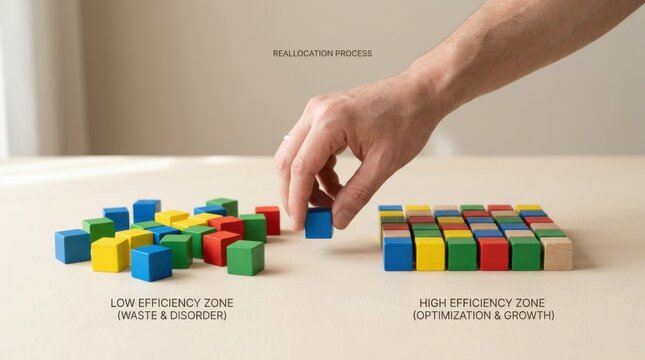 Human hand placing blocks into pile as a representation of resource efficiency reallocation in conceptual framework