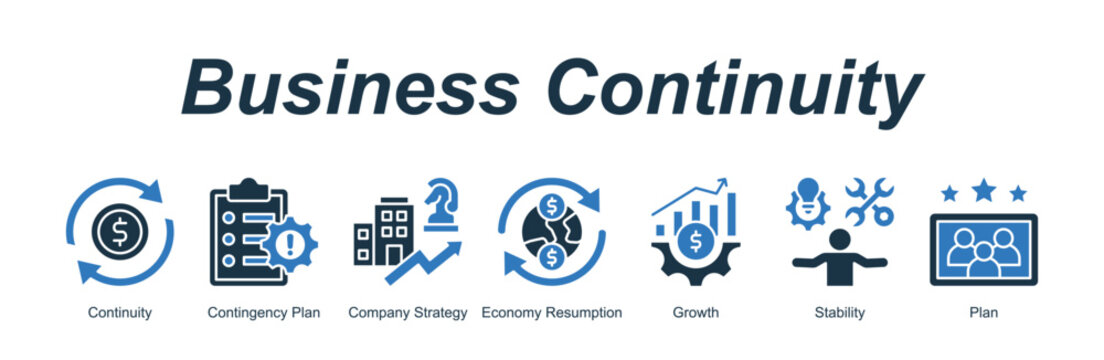 Business Continuity banner web icon vector illustration concept with an icon of Continuity, Contingency Plan, Company Strategy, Economy Resumption, Growth, Stability, Plan 