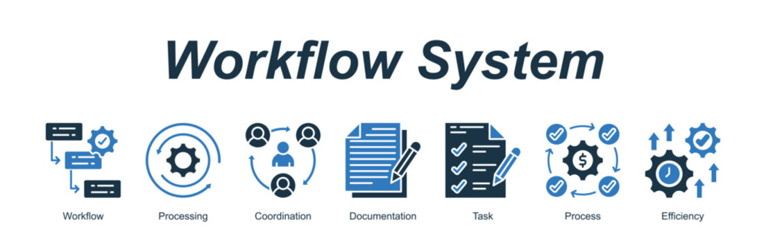 Workflow System banner web icon vector illustration concept with an icon of Workflow, Processing, Coordination, Documentation, Task, Process, Efficiency 