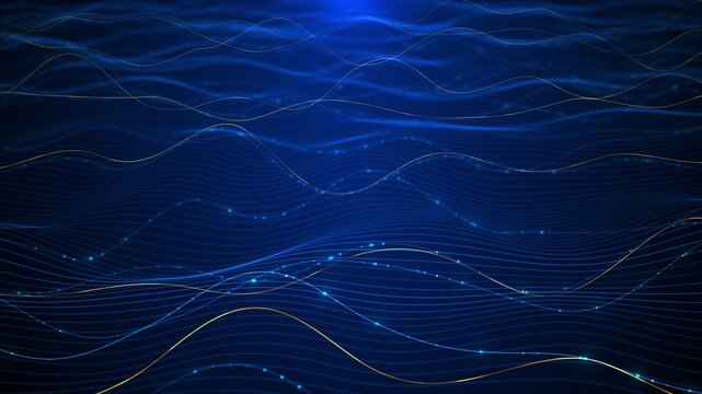 Blue wave line background flowing curves, gold accents, dotted connections, deep digital motion. technology , music visuals, business presentations, data explainers, broadcast modern overlays.