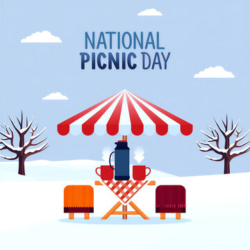 Celebrate national picnic day with cozy winter outdoor setup featuring thermos and mugs under a striped umbrella
