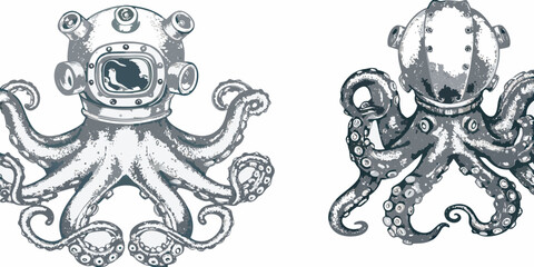 Octopus wearing a vintage diving helmet detailed illustration in grayscale tones on a white background © Ripan