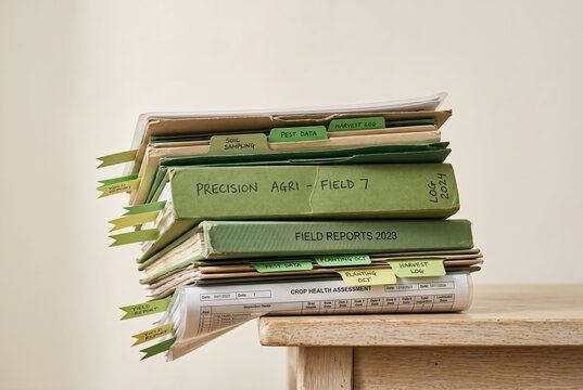 Tall stack of green agronomy dossiers and field report binders leaning on a desk edge with copy space for precision agriculture, smart farming and agri-tech marketing