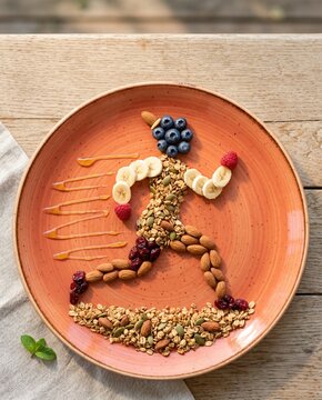 Large ceramic plate with trail mix arranged as a running person silhouette for healthy breakfast branding, nutrition coaching and wellness magazine editorial content
