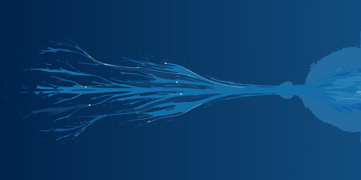 Abstract stream of glowing particles radiating from a central point dark blue background high quality