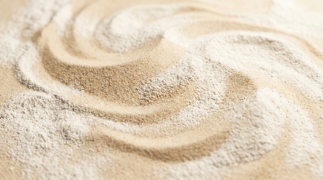 Swirled wheat flour and grain powder texture, cream plus white soft wave background. Culinary baking ingredient for organic food production concept.