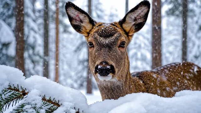 Deer in snow with trees in background on a winter day