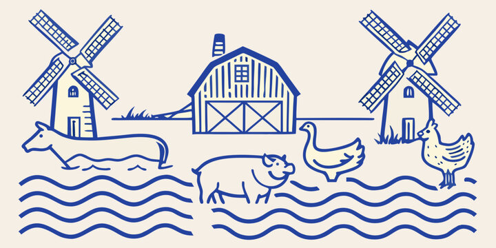 Line drawing of a dutch windmill american barn farm animals and wavy landscape high quality