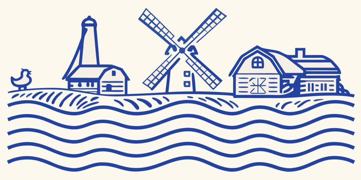 Line art illustration of a dutch windmill and american barn with wavy landscape high quality