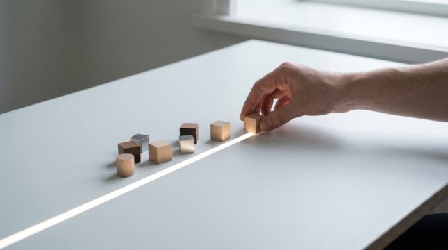 Individual placing colorful blocks on a table symbolizing model drift correction metaphor in action