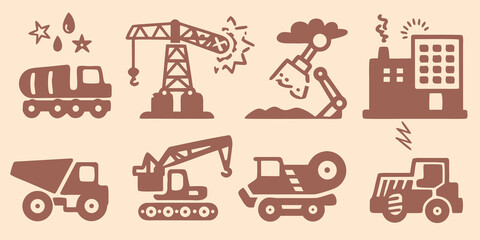 Construction vehicle silhouettes set including cranes dump trucks and excavators on a beige background © Ripan