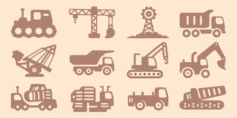 Construction vehicle silhouettes industrial machinery icons in a monochromatic style high quality professional detailed modern © Ripan