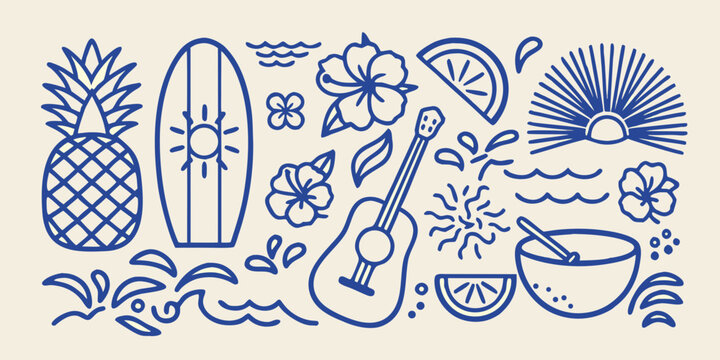 Tropical summer illustration with pineapple surfboard hibiscus flowers and ukulele on a beige background
