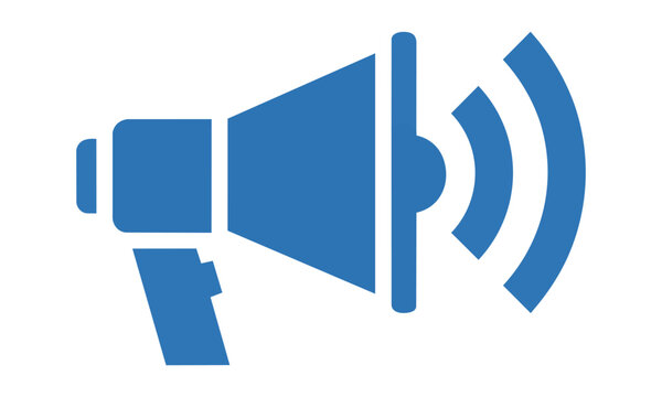 Minimalist blue megaphone icon with sound waves isolated on white background for digital marketing and communication concept