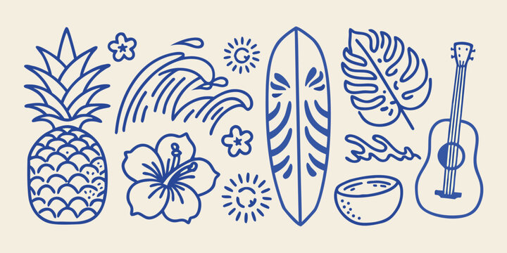 Tropical line art illustration with pineapple hibiscus monstera and ukulele on a white background
