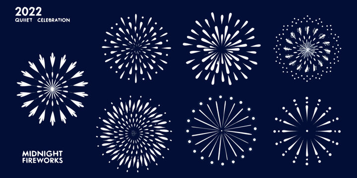 Fireworks display collection white vector illustrations on dark blue background for new year celebrations