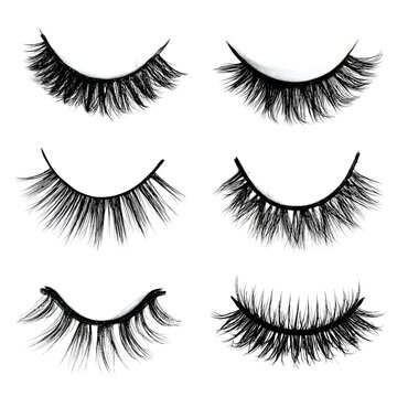Set of six realistic black false eyelashes isolated on white background