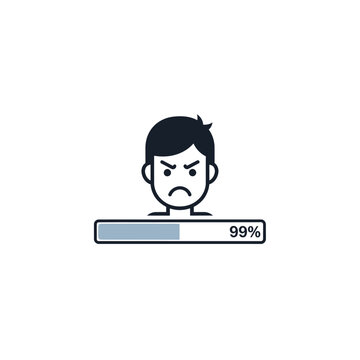 Frustrated person with loading bar showing 99 percent complete.